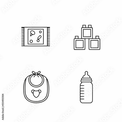 Set of Baby Themed Line Icons Including Bib and Bottle