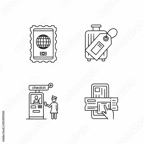 vector line icons showcasing key aspects of travel, including identification, luggage tagging, check-in procedures, and document scanning
