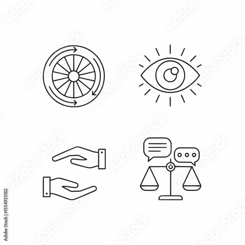 Set of Modern Line Icons Representing Vision, Balance, Progress, and Communication