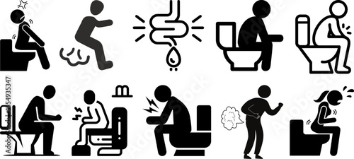 Black vector illustration of people representing diarrhea, stomach pain, and vomiting