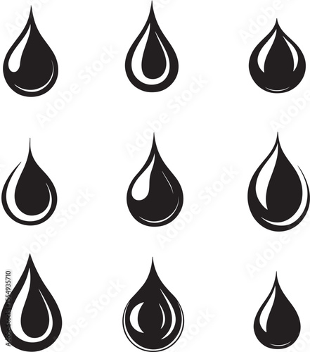 Collection of Black vector illustrations of water drop silhouettes in a clean, simple design.