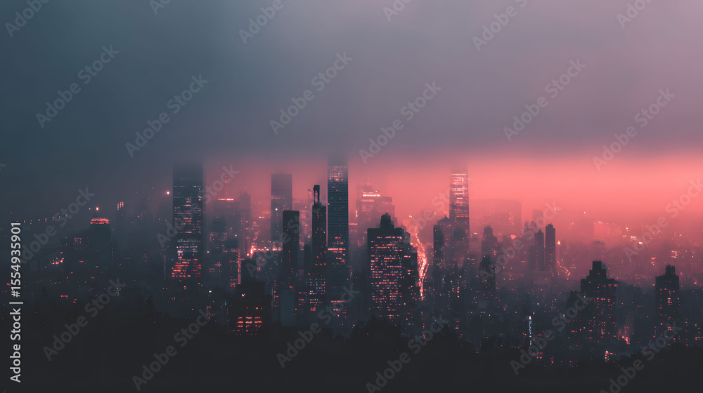Fototapeta premium Pink and Red City Skyline at Twilight, Foggy Atmosphere