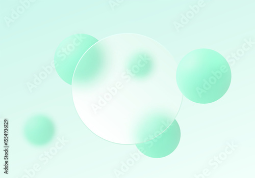 Mint green glass morphism background with translucent round banner and gradient spheres.