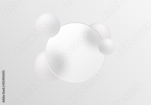Minimalistic white background in glass morphism style with translucent round panel and soft 3D spheres for modern branding and clean digital design.