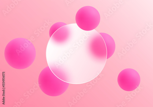 Modern pink glass morphism style background with translucent round panel and 3D spheres for elegant UI, branding and design projects.