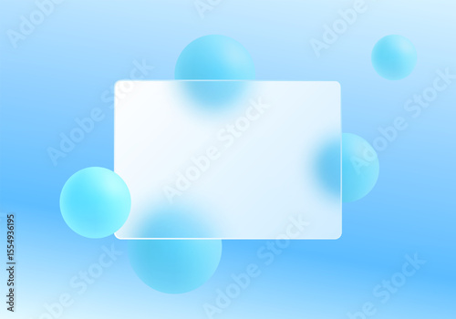 Minimal blue glassmorphism background with translucent panel and soft 3D spheres for modern branding, web, and digital design.