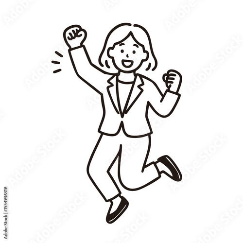Businesswoman jumping in victory pose, minimal line art illustration
