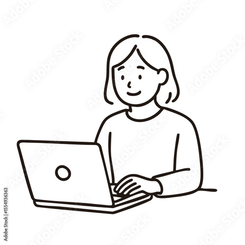 Businesswoman working on laptop, minimal line art illustration