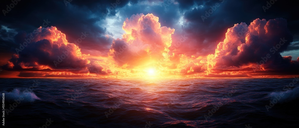 Fototapeta premium Stunning ocean sunset with vibrant orange and pink clouds reflecting on water and dramatic sky landscape scene