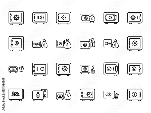 Safe and Money Storage Silhouettes in Minimal Line Style on White Background – Vault Icons, Cash Security, Lockbox, and Money Bag Vector Illustrations

