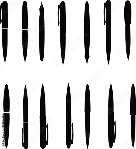 Professional Pen Silhouettes Vector Collection: A Diverse Set of Writing Instruments, Perfect for Business, Office, Education, and Design Projects - Isolated Black Icons.