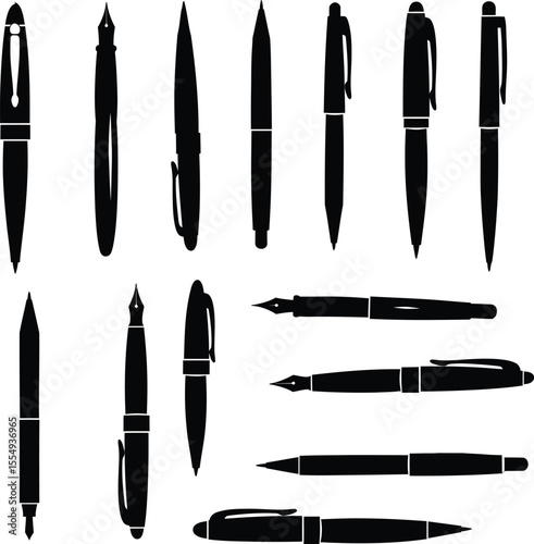 Professional Pen Silhouettes Vector Collection: A Diverse Set of Writing Instruments, Perfect for Business, Office, Education, and Design Projects - Isolated Black Icons.