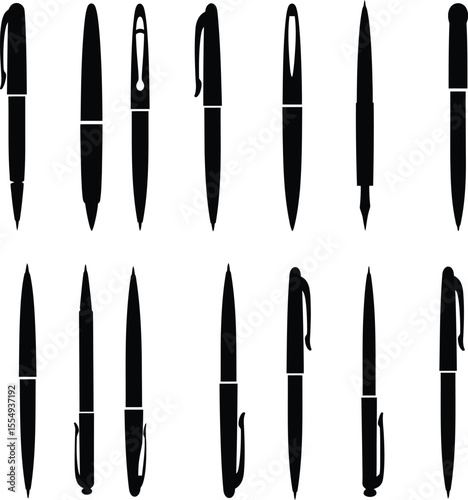 Professional Pen Silhouettes Vector Collection: A Diverse Set of Writing Instruments, Perfect for Business, Office, Education, and Design Projects - Isolated Black Icons.