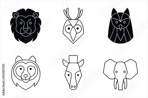 Geometric Animal Heads Bold Black and White Line Art Illustration Featuring a Lion, Owl, Raccoon, Zebra and Elephant