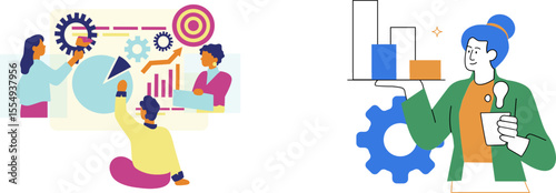 vector illustration of business entrepreneurs analysing data