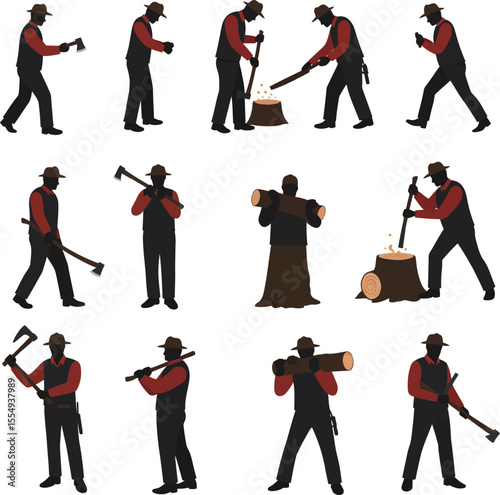 Lumberjack Silhouettes: Set of Woodcutters, Foresters & Loggers with Axes, Carrying Logs & Working Timber - Vector Collection for Forestry, Outdoors & Nature Designs.