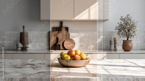 A serene neutral-toned kitchen with a minimalist design, featuring marble countertops, wooden accessories