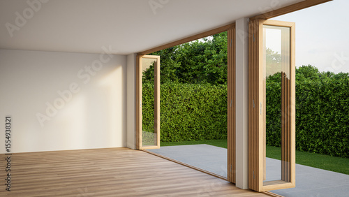 Empty white room with wood-framed glass doors open to garden. Modern house interior 3d rendering.