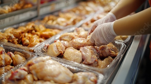 A person is selecting raw chicken pieces in a grocery store or market.