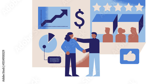 vector illustration of a businessman and woman shaking hands and celebrating company growth