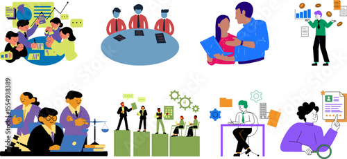 vector illustration of businessmen, entrepreneurs working in groups