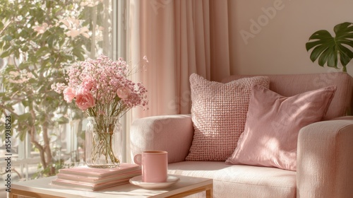 A cozy pastel-toned living room corner featuring a pink armchair, matching cushions, a coffee table with books
