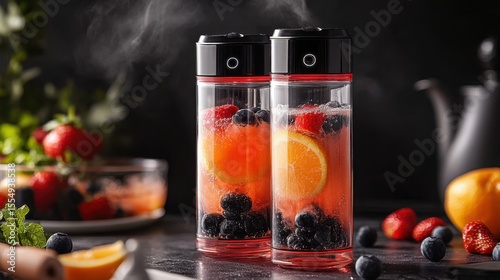 Two modern portable blenders filled with citrus and berry-infused water stand on a dark kitchen counter