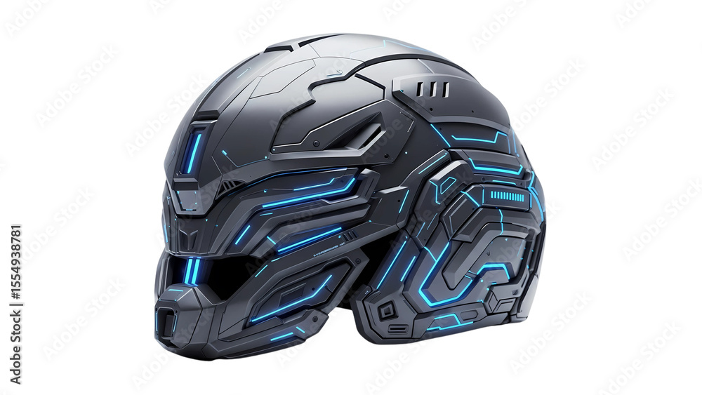 Fototapeta premium Futuristic, dark gray helmet with glowing blue accents.