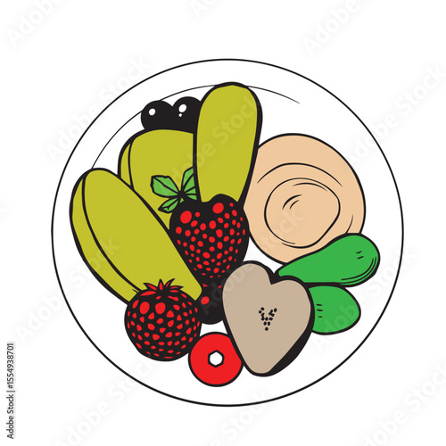 Healthy snack plate with mixed fruits and yogurt dip vector design concept illustration.