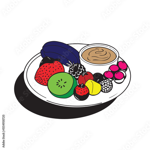 Healthy snack plate with mixed fruits and yogurt dip vector design concept illustration.