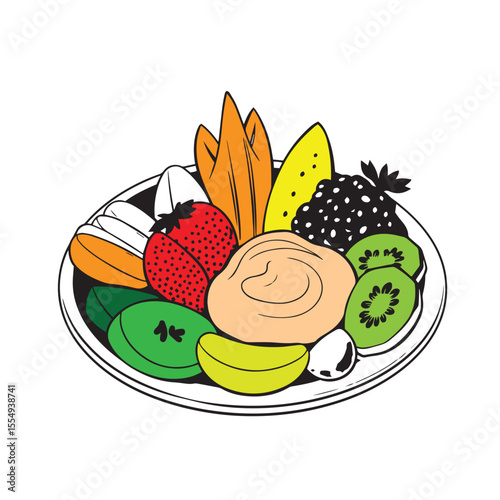 Healthy snack plate with mixed fruits and yogurt dip vector design concept illustration.