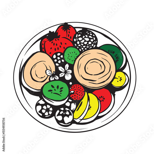 Healthy snack plate with mixed fruits and yogurt dip vector design concept illustration.