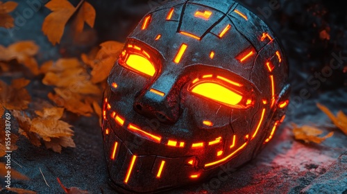 Futuristic mask rests among autumn leaves