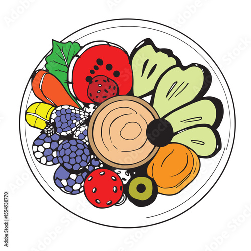Healthy snack plate with mixed fruits and yogurt dip vector design concept illustration.