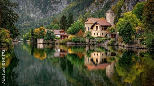 A peaceful lakeside village with charming stone houses and a small tower reflects beautifully in the still water