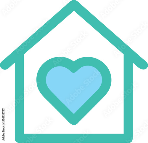 Turquoise house icon with a light blue heart inside on a white background