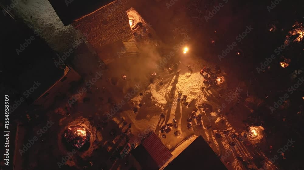 Aerial top down view Lamproba festival, villagers gathered by symbolic bonfires near church and medieval tower in Mestia, Svaneti.Concept welcoming arrival of spring, invite the blessings of the gods