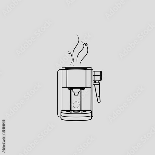 Line drawing of a coffee maker with steam on grey background for design concept