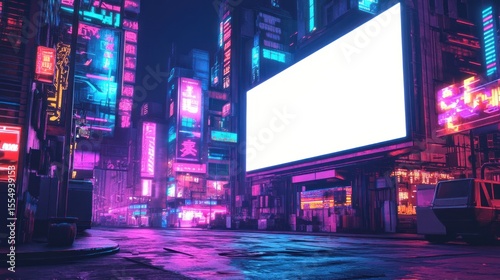Futuristic neon city street scene