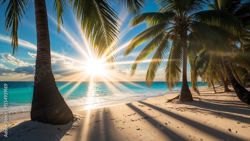 Fototapeta Naklejka Na Ścianę i Meble -  Sunbeams breaking through palm trees onto the sand dramatic light rays (crepuscular rays), dappled shadows, turquoise water glimpse.