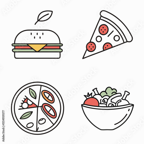 Colorful Food Icon Set – Pizza, Pasta, Cake, Cupcake Vector Illustrations for mobile APP