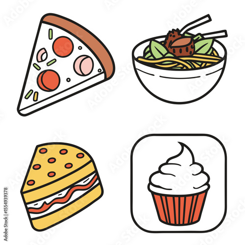 Colorful Food Icon Set – Pizza, Pasta, Cake, Cupcake Vector Illustrations for mobile APP