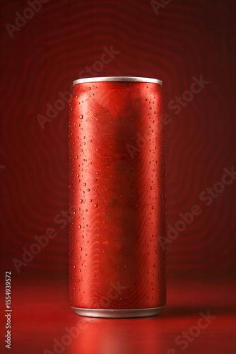  Chilled Crimson Energy Drink Can with Metallic Rim and Condensation Droplets on Pristine Surface