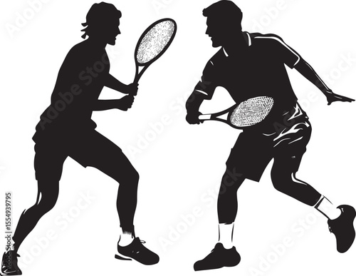 Two players engaging in a crosscourt rally, one hitting a forehand shot and the other getting ready to return, full-length silhouette illustration.
