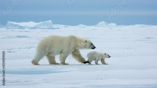 Polar bear and cub on ice