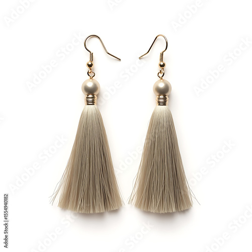 Tassel earrings with silky thread drops and metallic hooks isolated  