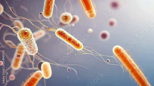 Detailed Microscopic Visualization of Bacteria with Flagella and Cellular Structures, 3D Render