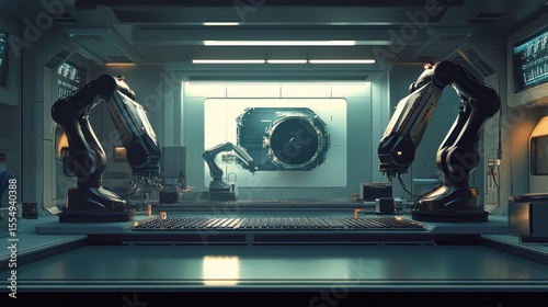 Futuristic factory interior with robotic arms