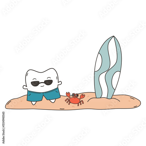 cute hand drawn cartoon character tooth with sunglasses at the beach with red crab and surf table funny summertime vector illustration for kids