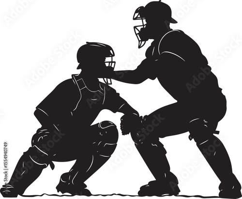 A catcher positioned in front of home plate, ready to tag out a runner, full-length silhouette vector.